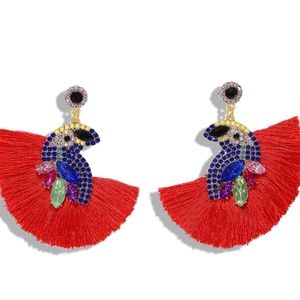 Earrings Tropical Summer Crystal Embellished Tassel Parrot Bird Ear